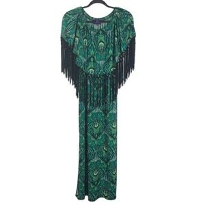 Curations Caravan Fringe Caftan Maxi Dress XS Boho Festival Statement Silhouette
